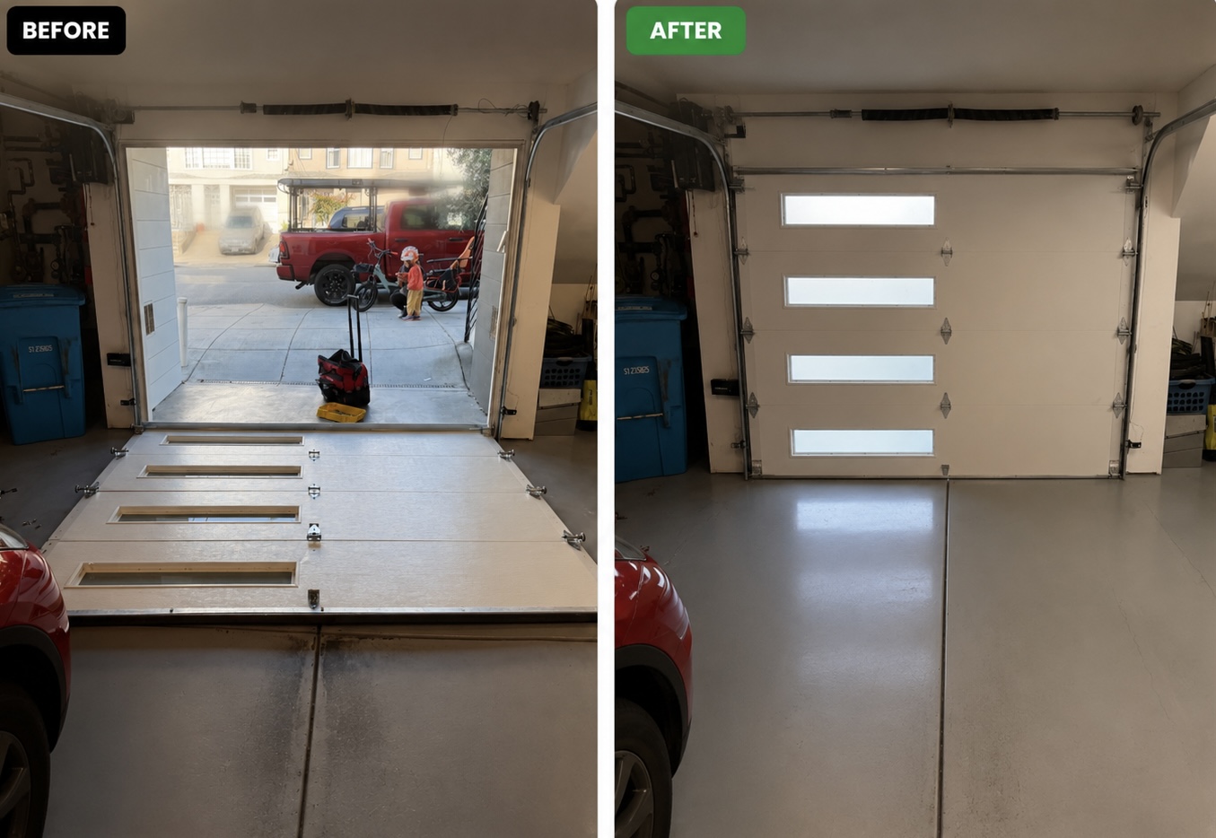 Before and after commercial roll-up door repair at a SoMa San Francisco studio